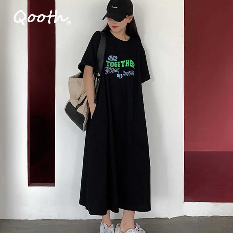 

Qooth Casual T shirt Dres Shirt Summer Loose Short-Sleeved Split Female Patchwork Blue Maxi QT090 210609, Coffee