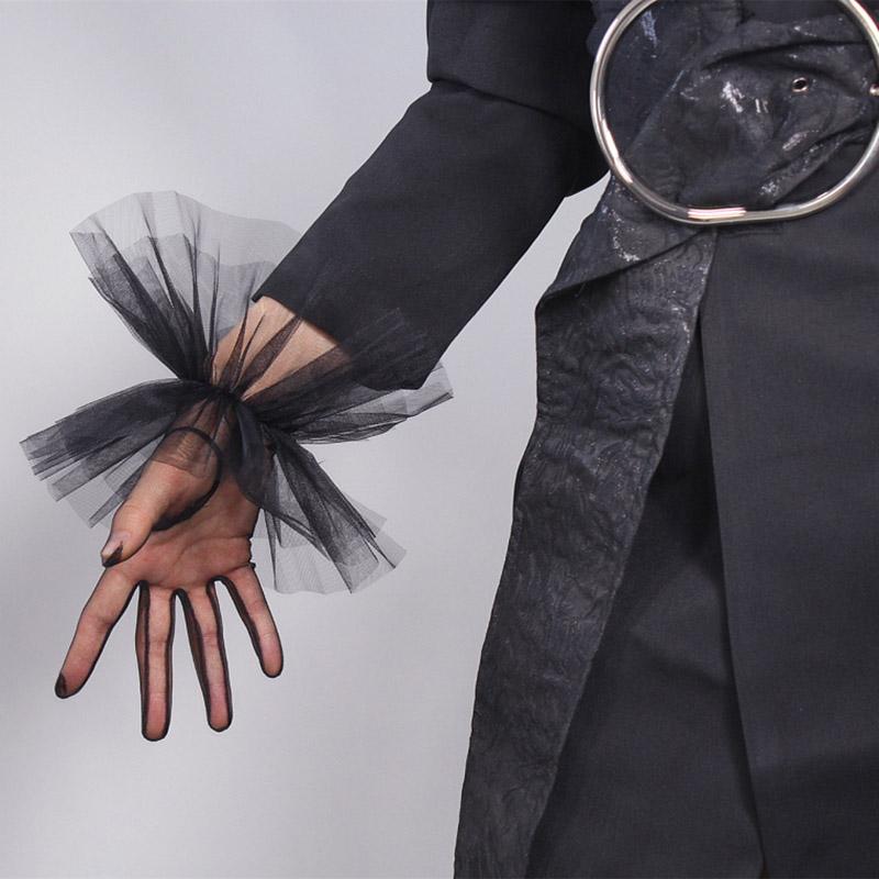 

Five Fingers Gloves Tulle Women's Lace Semi Sheer Mesh Short Black Ruffle Hem Glove Elastic Cuffs Trim Women Evening Fashion Sexy