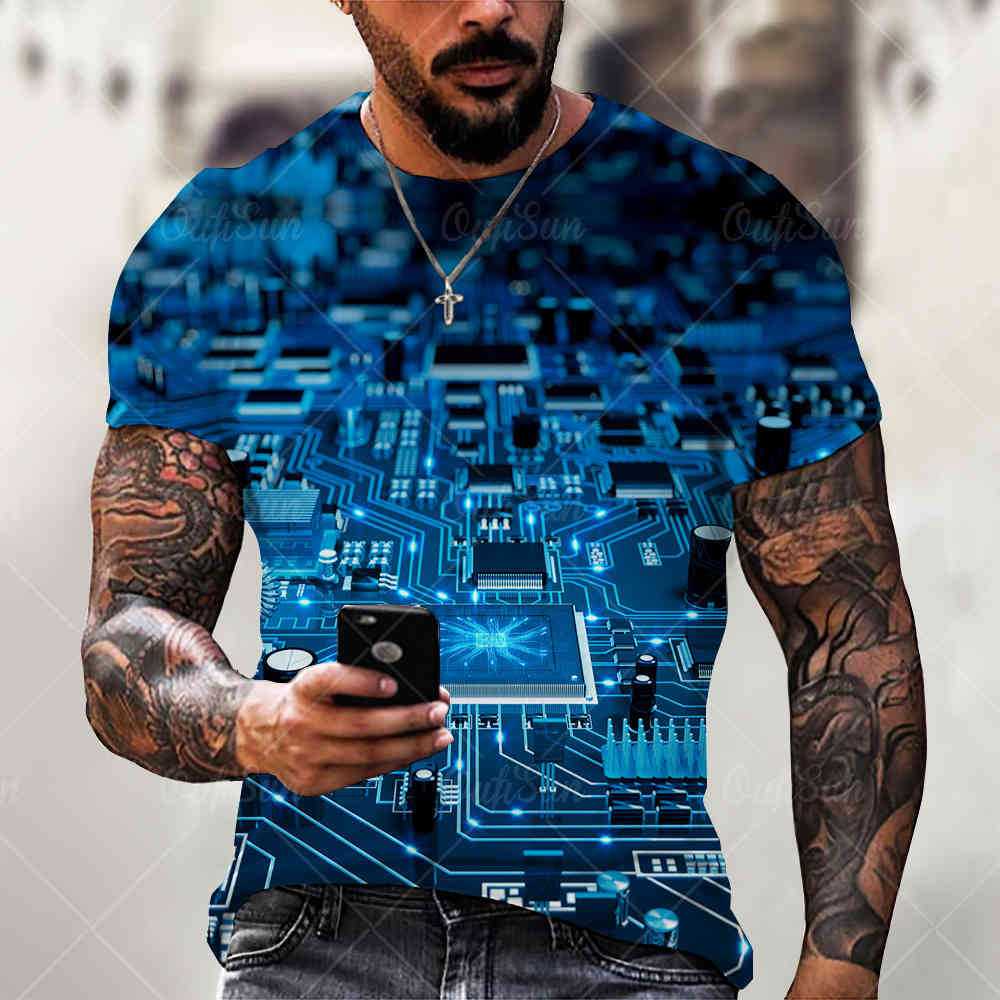 

summer t-shirt circuit board electronic components fine print men's street punk 3d t-shirt qe5, White;black