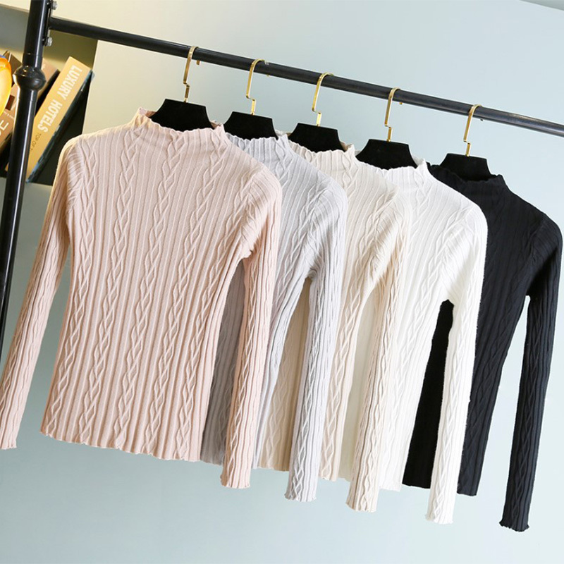 

Women's Bottoming Shirt Long Sleeve Solid Color Twist Slim Fit Knitted Tops Female Autumn Winter Half High Neck Sweater 210520, Gray