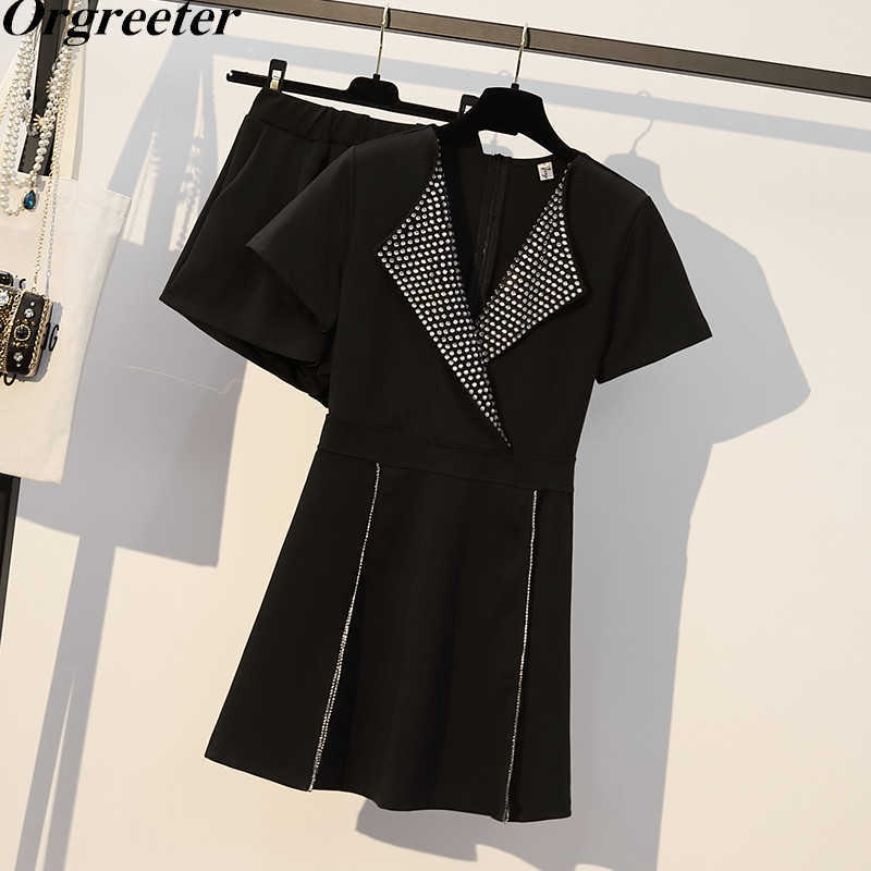 

Vintage Office Ladies Black Two piece set Slim Summer Lapel Slit Dress and Shorts Suits Women Casual Party 210525
