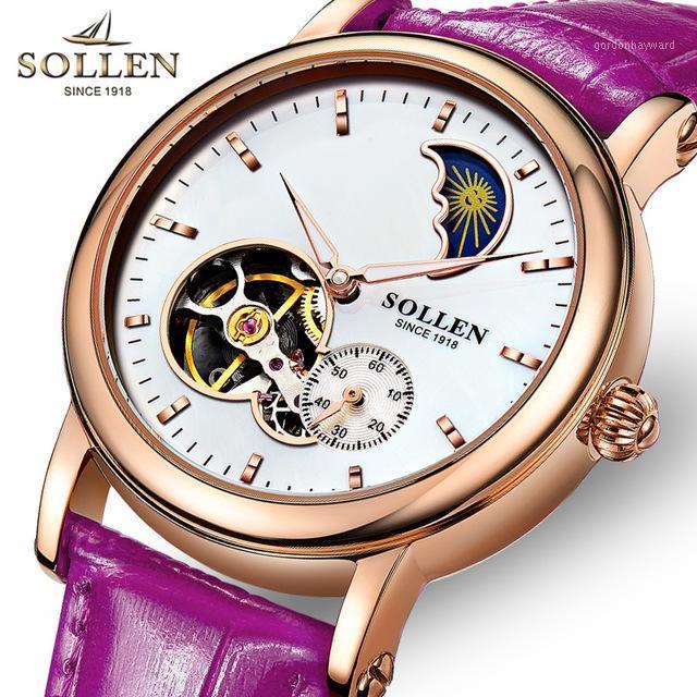 

Wristwatches Automatic Watch Women SOLLEN SL401 Luminous Hands Ladies Moon Phase Mechanical Purple Pink Strap, Red