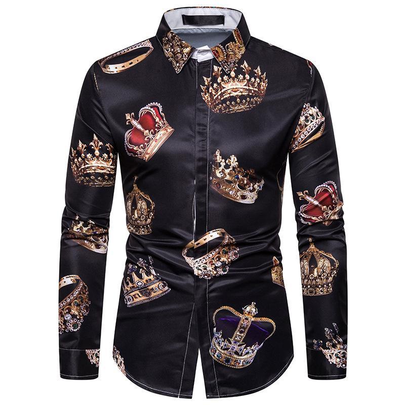 

Men's Casual Shirts Royal Crown Print Black Shirt Men Luxury Camisas Hombre Manga Larga High Quality Business Formal Slim Mens Dre