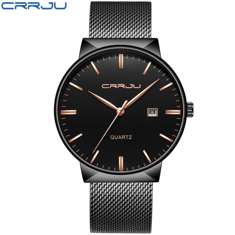 

Wristwatches CRRJU Men Mesh Band Stainless Steel Ultra Thin Watch Black Full Quartz Male Relogio Masculino Horloges Mannen, Silver blue
