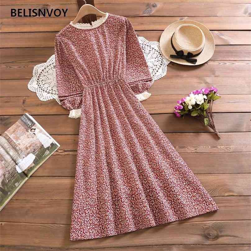 

Spring Flare Sleeve Elastic Slim Waist Chiffon A-line Midi Dress Elegant Stand Collar Floral Print Women 210520, Red