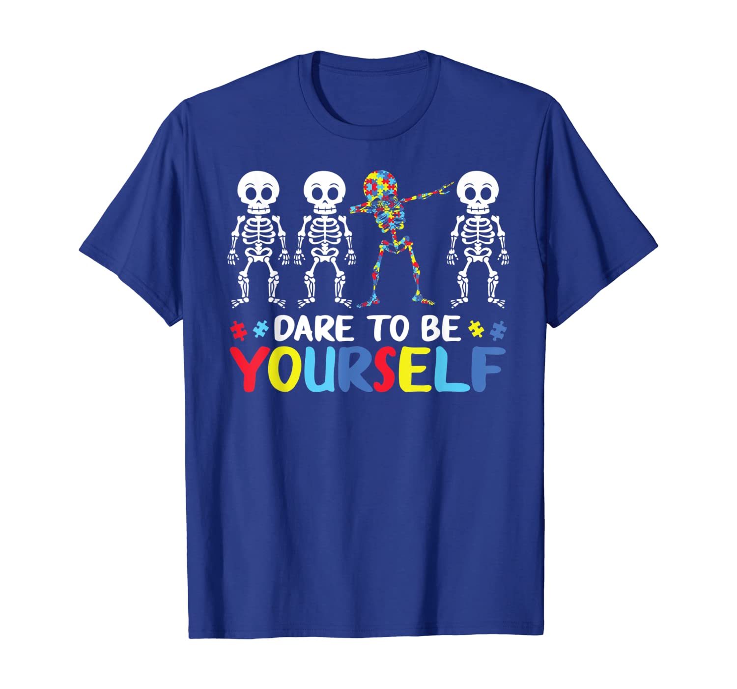 

dare to be yourself dabbing skeleton autsim puzzle t-shirt, White;black