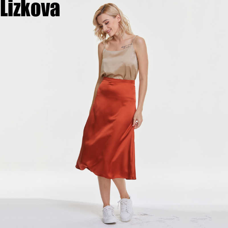 

Lizkova Summer Satin Skirt Women High Waist Shiny Elegant Jupe Female Knee-lenth Casual Skirt BS001 210708, Black