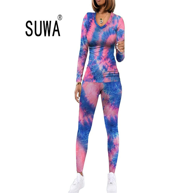 

Plus Size 2 Piece Set Women Sexy Tracksuit Tie Dye Long Sleeve Pullover Top + Vintage High Waist Sport Pants Street Lounge Wear 210525, Multi