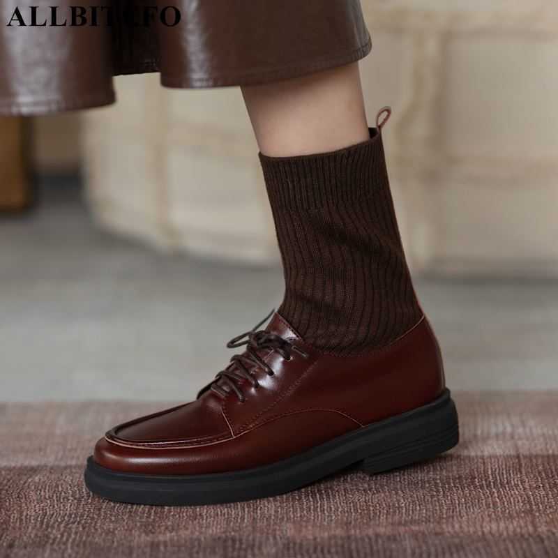 

ALLBITEFO natural genuine leather women boots fashion leisure cross tied women's ankle boots motocycle boots Bottes femme 210611, As picture