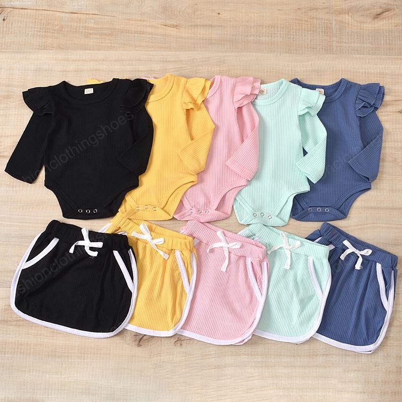 

kids Clothing Sets girls Solid color outfits infant toddler Flying sleeve romper Tops+Pit stripe skirts 2pcs/set Spring Autumn fashion Boutique baby Clothes