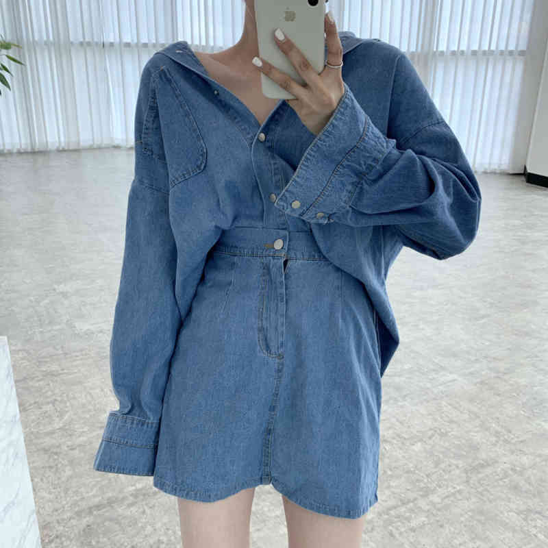 

Two Piece Dress Retro lapel single pocket washed blue denim shirt + high waist A-line skirt ultra-thin 2-piece female DFD7, Denim skirt