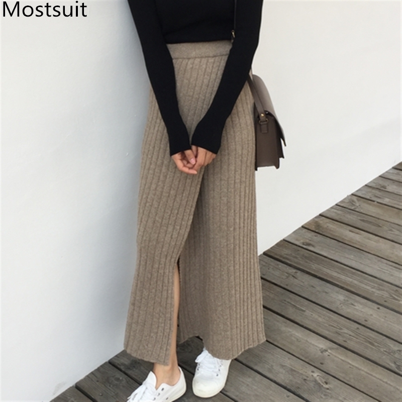 

Spring Knitted High Waist Long Skirt Women Side Splitting A-line Solid Korean Fashion Female Skirts 210518, Oatmeal