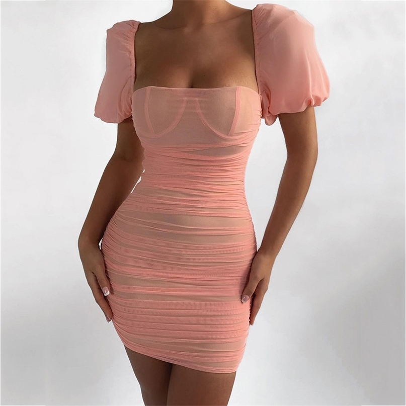 

Padded Sexy Party Dress Pink Bodycon Bandage Women Elegant Square Neck Puff Sleeve Slim Folded Night Out Club Mini 210603, Red