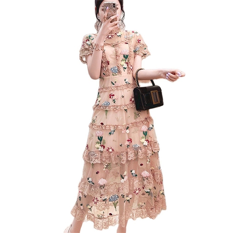 

Round neck flower embroidery elegant dress women short sleeve long gauze lace evening summer fashion 210520, Apricot