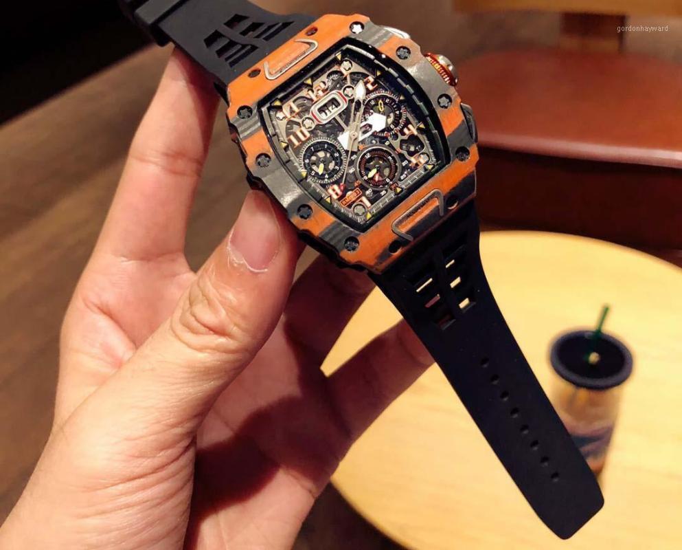 Wristwatches Luxury Men's Automatic Mechanical Watch LMC LAST EDITION FLYBACK LOTUS Carbon Fiber Black Orange Rubber
