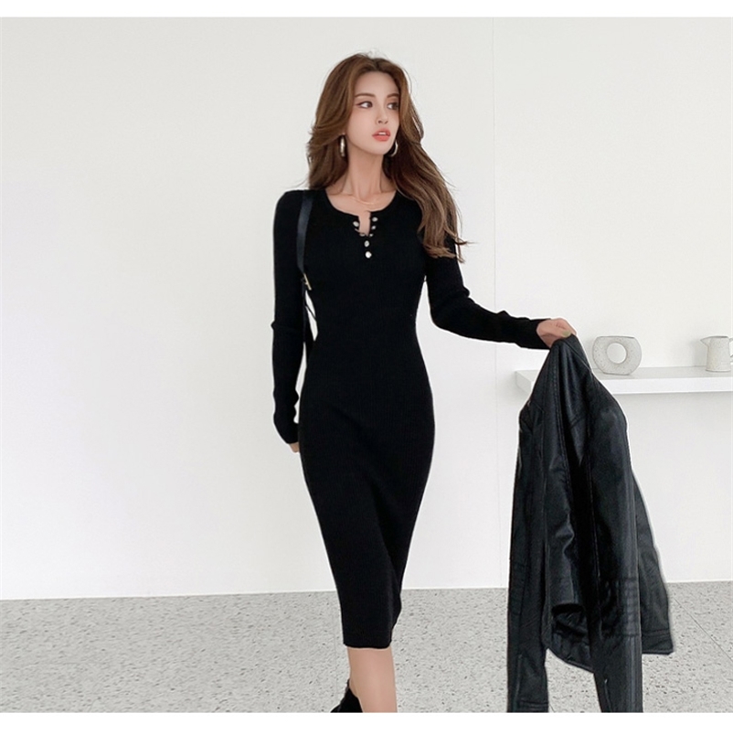 

Korean version of classic retro buttons autumn and winter long slim bag hip bottoming all-match knitted dress 210603, Khaki