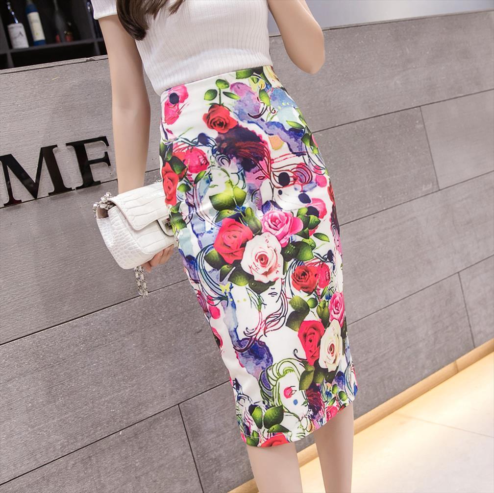 

Summer Tight Elastic Casual Flower Womens Skirts Printing Split Pencil Sexy High Waist Slim Knee, Black