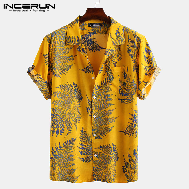 

INCERUN Men Short Sleeve Lapel Printed Shirt Tropical Leaf Pattern Floral Shirt Casual Summer Hawaiian Holiday Camisa Tops -5XL, Black