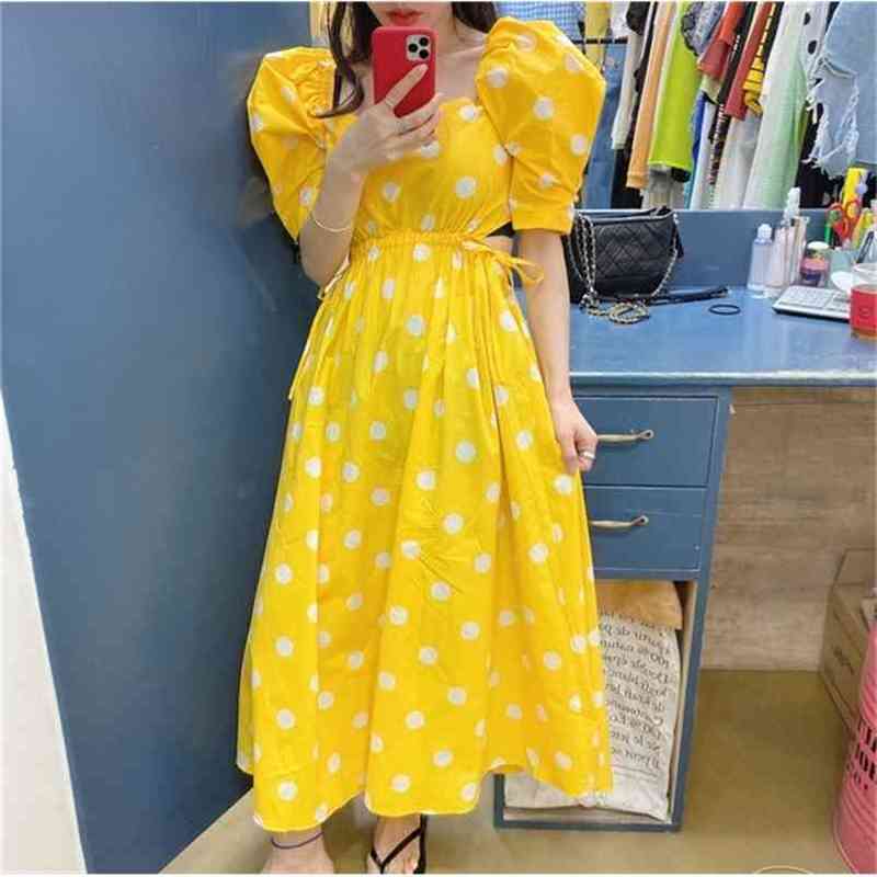 

Elegant Vintage Polka Dot Print square collar Summer Midi Dress Korean Women puff sleeve Sexy slim Hollow out waist dress 210519, Photo color