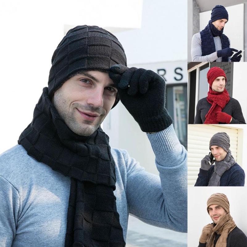 

Wide Brim Hats Autumn Winter 3Pcs/Set Chic Ear Protection Beanie Hat Scarf Gloves Breathable Men Cap Ribbed Cuff For Travel, Grey