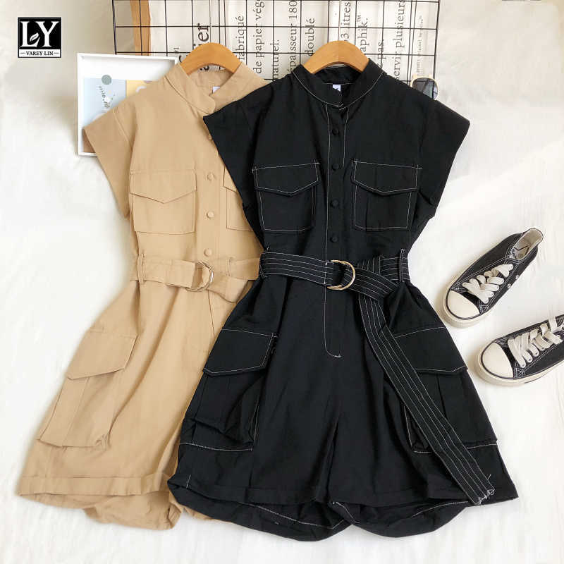 

LY VAREY LIN Summer Women Loose Pockets Khaki Jumpsuits with Belt Casual Single Breasted Tooling Style Shorts 210526