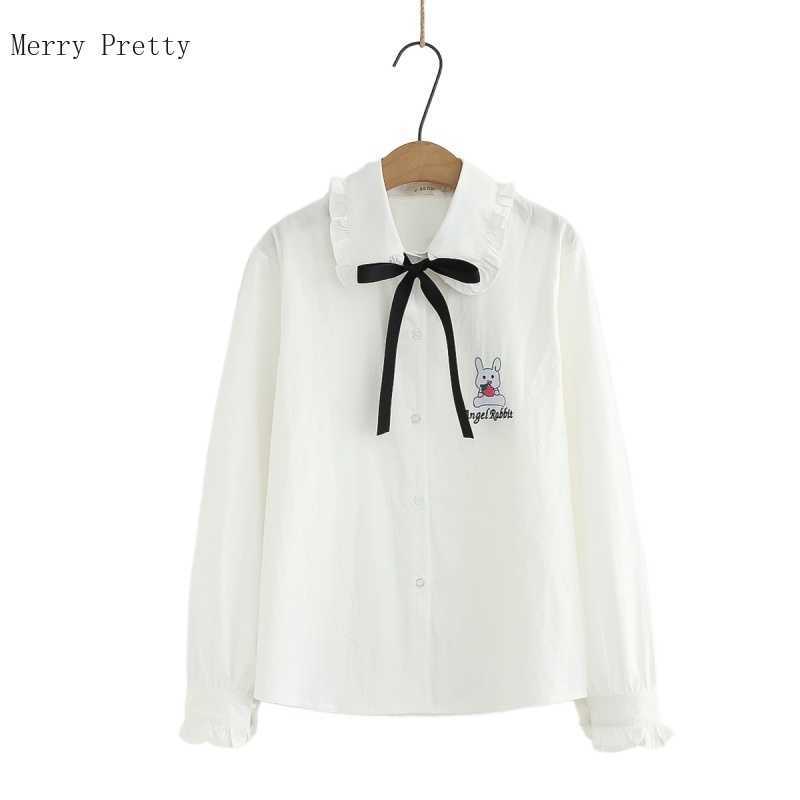

White Cartoon Rabbit Embroidery Casual Blouse and Tops Women Summer Turndown Collar Lace Up Korean Ladies Cotton Shirts 210526