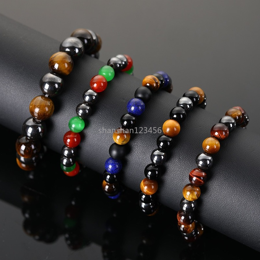 

Tiger Eye Stand Bracelet Black Hematite Elastic Glaze Beads Bracelets for Women Men Fashion Jewelry Will and Sandy