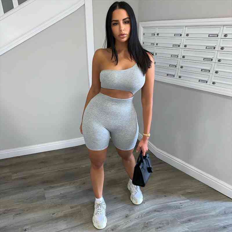 

High Waist Hollow Out Slim Fit Playsuit Summer Overall Streetwear Female Clothing Women Sexy Romper One Shoulder Short Jumpsuit, Black;white