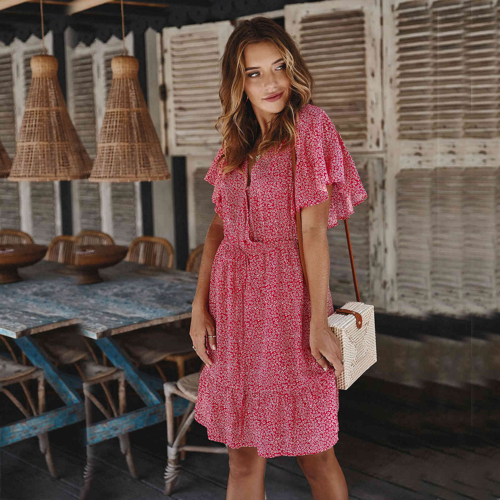 

Women summer dresses Female V-neck Butterfly sleeve ruffles Women' mini Dress sweet female A-line pleated 210524, Black