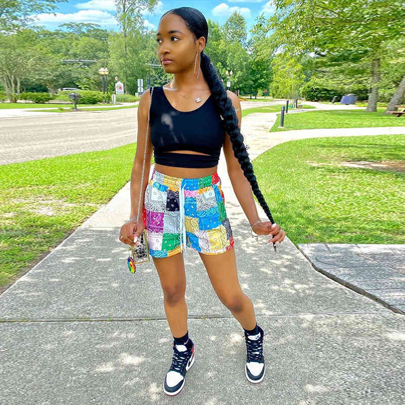 

TNNAOFF Plus Size Bandana Patchwork Shorts for Women Summer Clothing Fashion Beach Wear Lace Up Loose Casual Swimsuit Shorts X0320, White;black