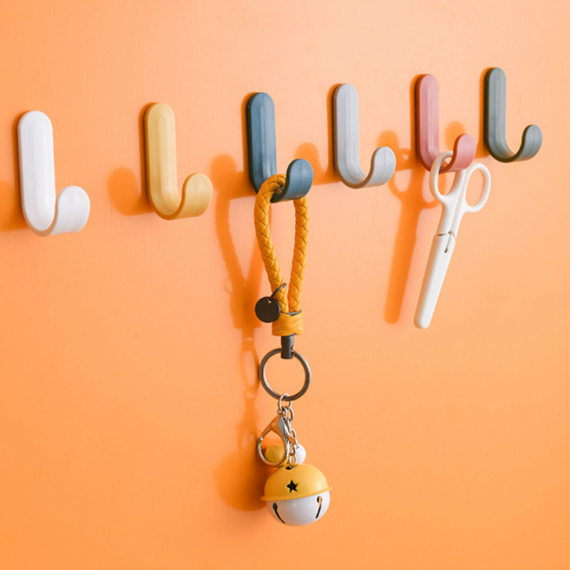 6 PCS Pack Plastic Towel Hooks Door Hanger Self Adhesive Wall Hanging Hook Hat Racks Keys Organizer Home Decor Key Holder 122264-image-404904766