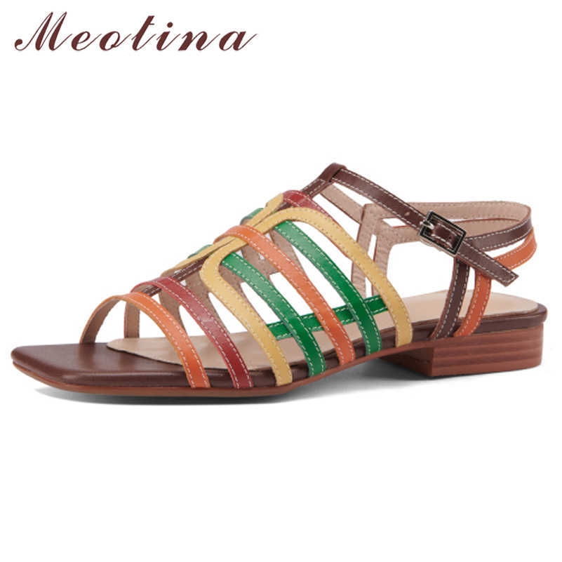 

Meotina Women Gladiator Sandals Shoes Genuine Leather Sandals Flat Buckle Shoes Square Toe Cow Leather Ladies Footwear Summer 210608, Brown