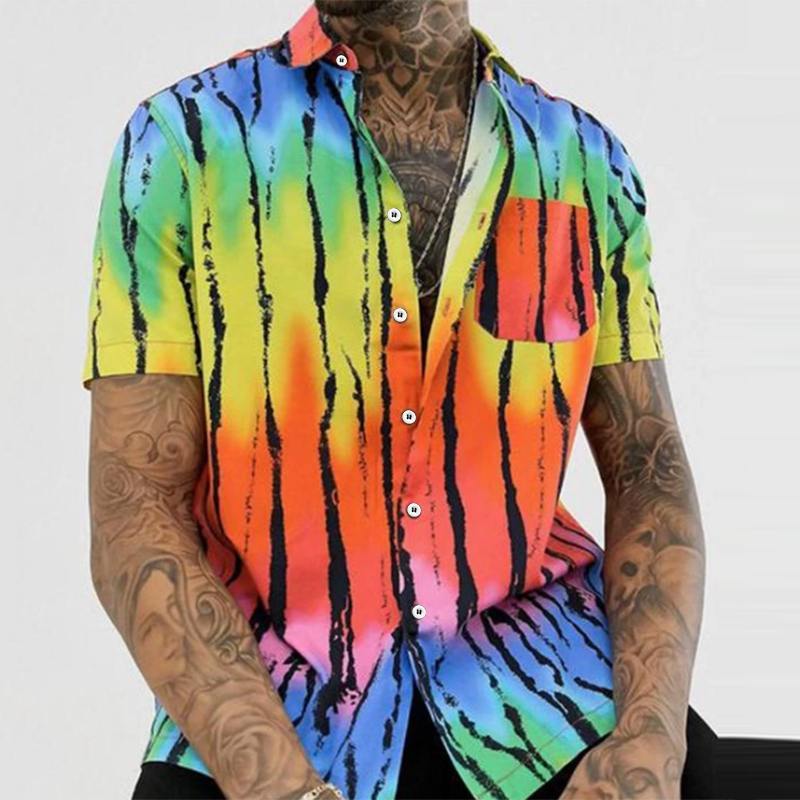 

2020 Summer Men Colorful Printed Shirts Casual Short Sleeve Turn Down Collar Pockets Shirt Man Fashion Loose Comfortable Tops, White;black