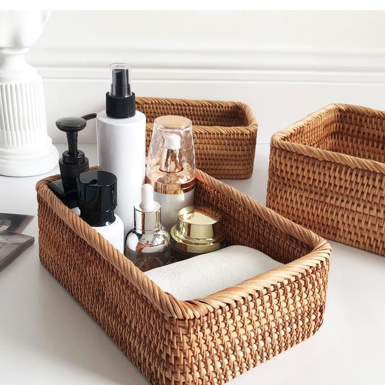 

Storage Baskets Hand-woven Rattan Wicker Basket Fruit Tea Snack Bread Cosmetic Rectangular Box Household Decorate