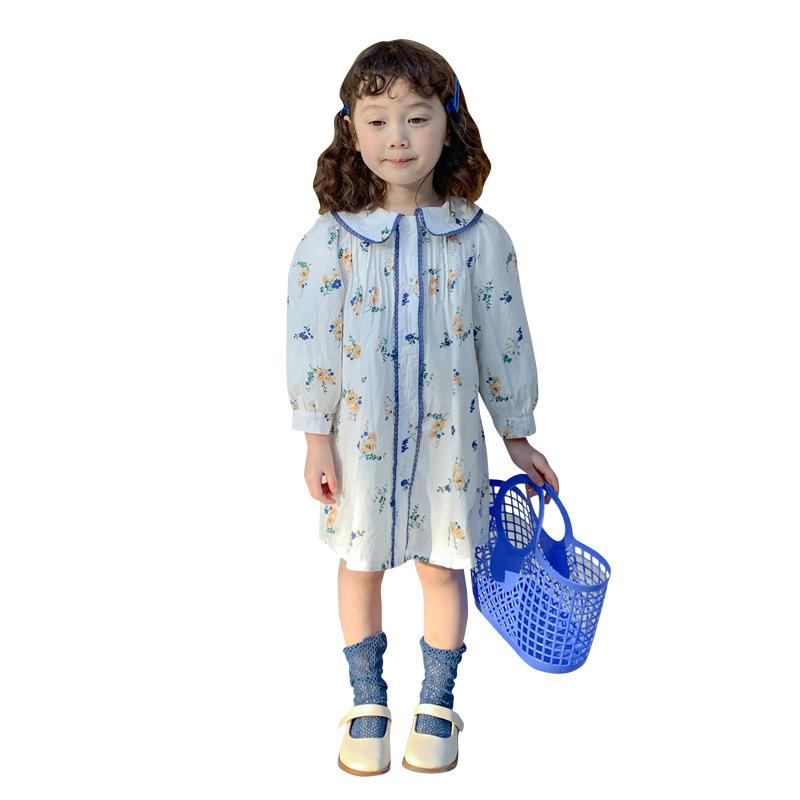 

Girl's Dresses 2021 Spring/summer Long Sleeves Blue And White Lace French Mid-length Girlsdress Children's Crushed Flower Dress Kids Clothes