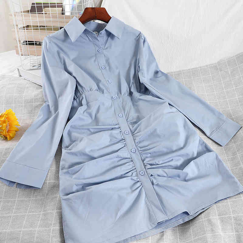

Spring Arrivals Solid Color Long Sleeve Turn-down Collar Loose Fashion Women Bottomed Mini Dress MZ946 210525, Blue