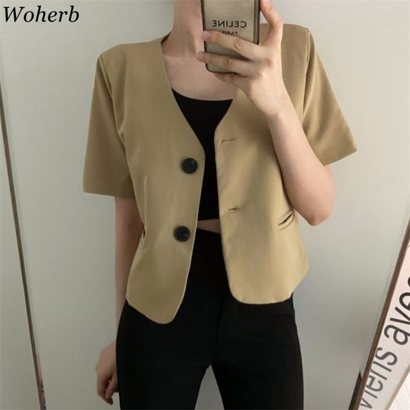 

Thin Slim Office Lady High Waist Summer V-Neck Femme Brief Vintage Stylish Retro Girls Coats Streetwear Tops 210519, Black