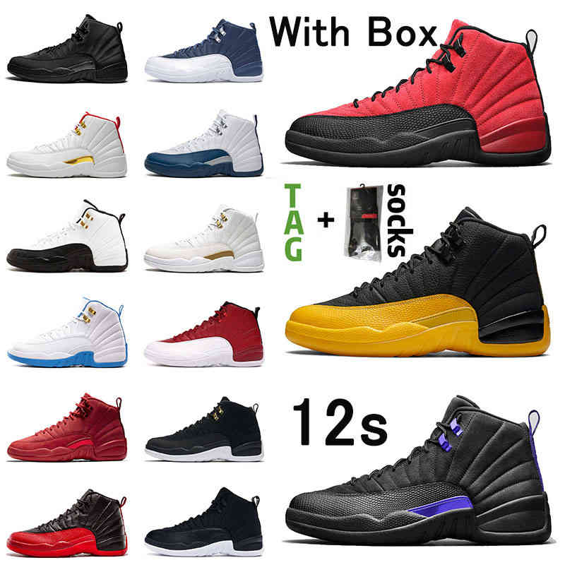 

With Box x Jumpman 12 Basketball Shoes 12s XII Mens Womens University Gold Stone Blue Flu Game Sports Sneakers Trainers Stock, B10 40-47 gym red