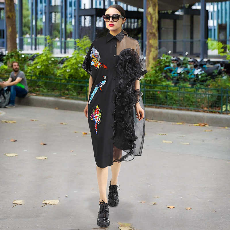 

Spring Summer Women's Dresses Embroidered Sequin Big Size Retro Loose Short-Sleeved Turn Down Collar Cardigan 210615, Black