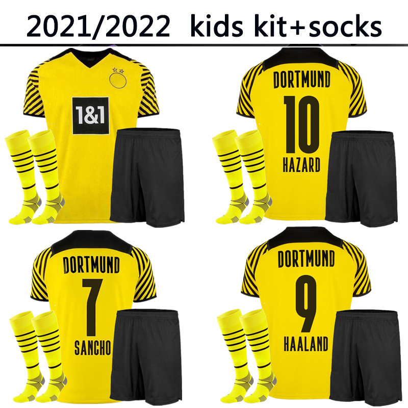 

21 22 Dortmund kids kit socks child boys HAALAND soccer jerseys Borussia 2021 2022 REUS NEONGELB BELLINGHAM football shirt SANCHO HUMMELS BR, Black