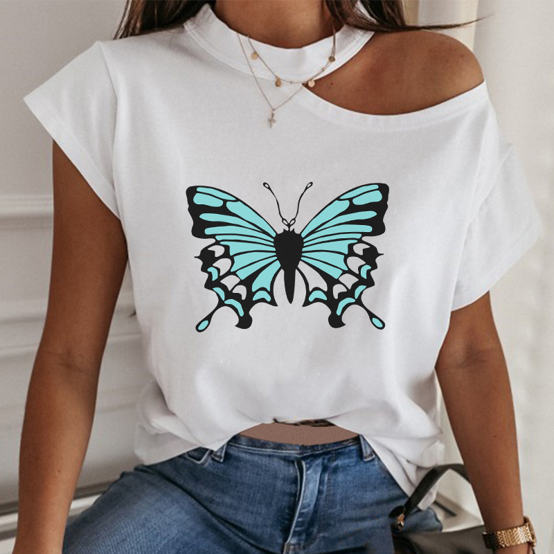 

Women White T-shirt One-shoulder Female T-shirts Short Sleeve 95% Cotton Basic Casual Simple Loose Summer 210518, 01 white