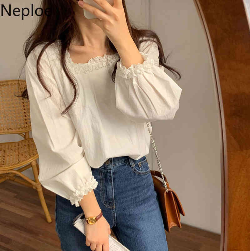 Neploe Blusas Mujer De Moda Square Collar Puff Sleeve Shirts Ruffles White Blouses Women Loose Korean Blouse Tops Femme 210422