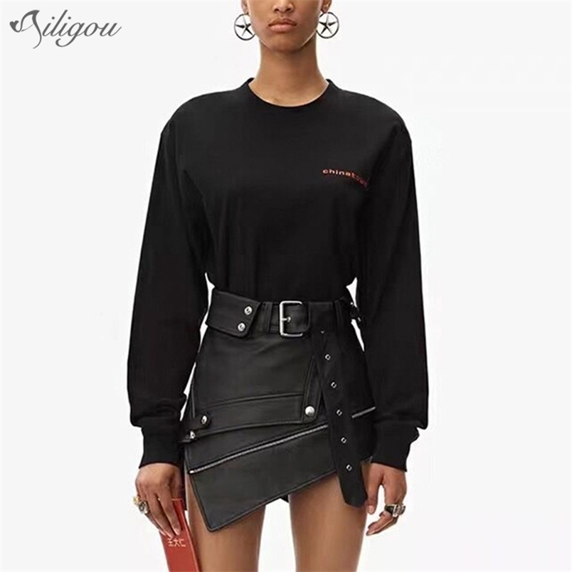 

Summer Fashion Sexy Ladies Faux Leather Mini Skirt Black Irregular Pu Belt Zipper High Waist Female 210525
