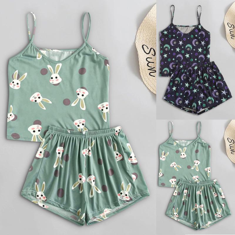 

Ladies Sexy Lingerie Pajamas Satin Silk Babydoll Starry Sky Print (Green, Blue) Sling V-neck Split Pajama Set Home Service Yoga Outfit