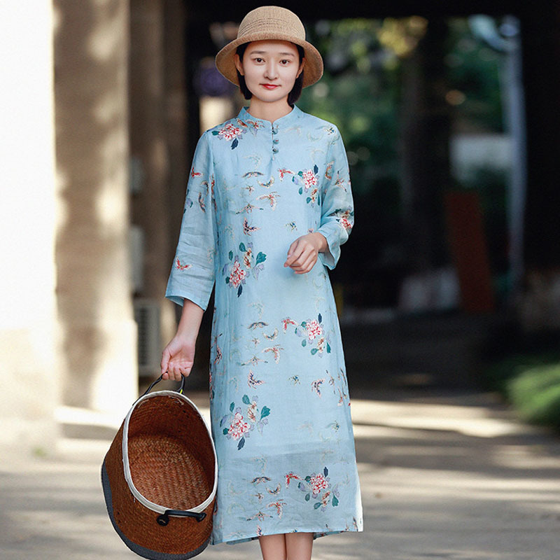 

Johnature Spring Women Fashion Stand Floral Print Retro Cheongsam Dress Loose Comfortable Nine Points Sleeve Dresses 210521, Pink