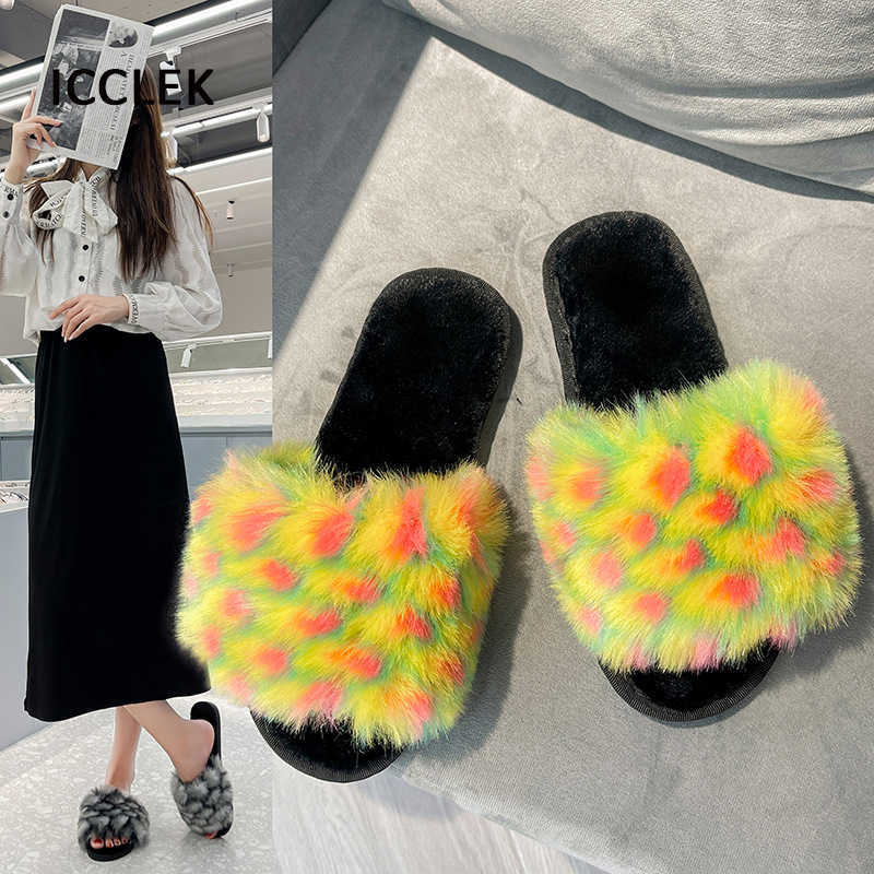 

Winter Women House Slippers Plush Faux Fur Slippers Indoor Warm Shoes Woman Slip On Flats Female Slides Home Furry Slippers H0827, Black