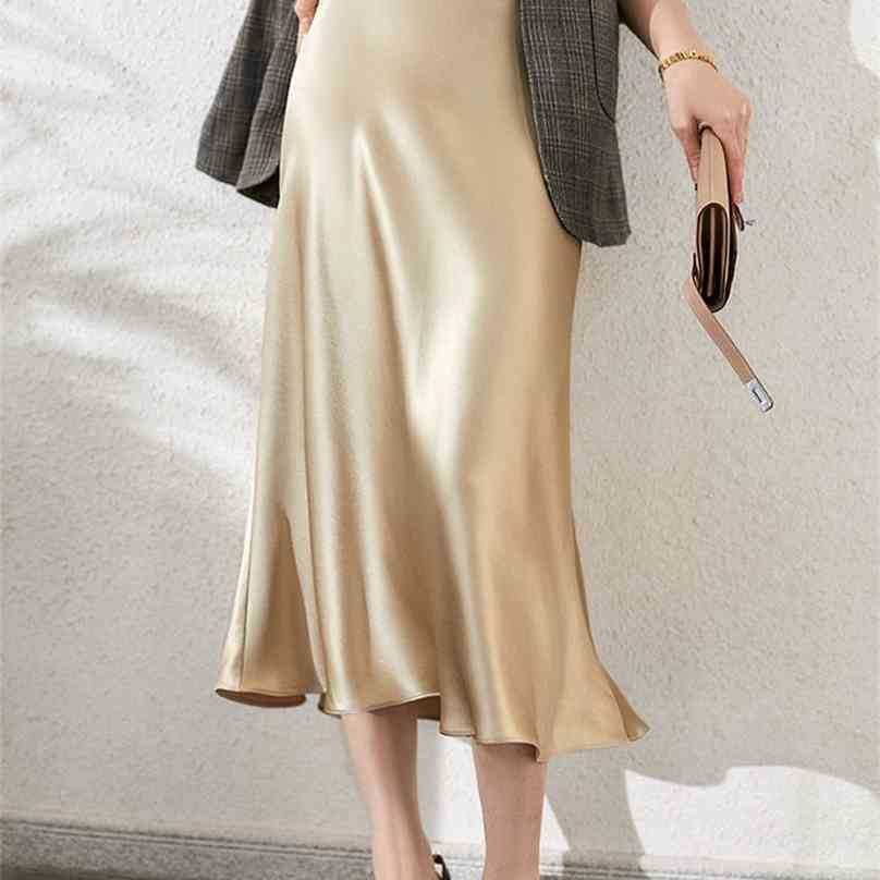 

Elegant Women Satin Silk Skirts Spring Summer High Waist A Line Solid Long Skirt 210525, Black