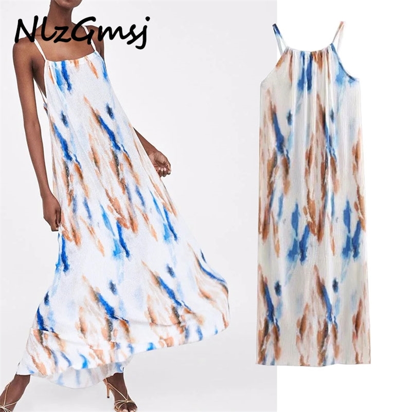 

Dres Sleeveless Elegant Spaghetti Strap Long Party es Woman Fashion Print Pleated 03 210628, As picture