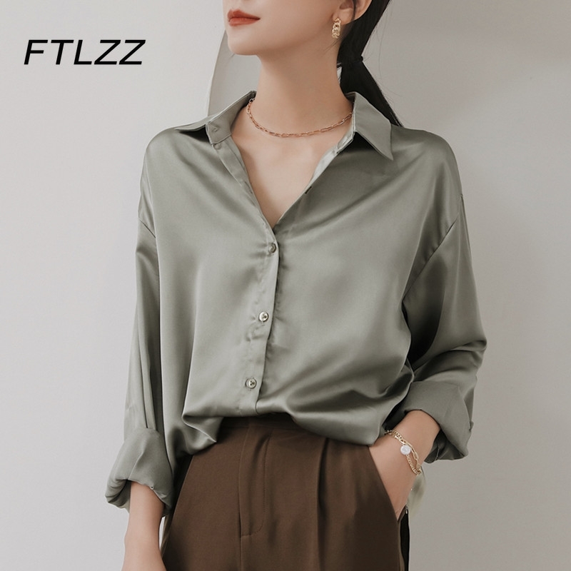 

Spring Autumn Silky Satin Blouse Women Casual Long Sleeve Korean Shirts Ladies White Tops Clothes 210602, Green