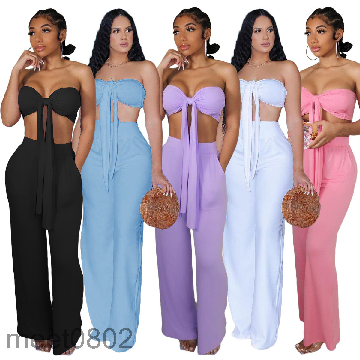 

Women's Two Piece Pants 5 colors Hot selling 2021 New Fashion Slim Fit Lace-up Chest Wrap Casual Two-piece Sets Designer solid col, Mix or give list
